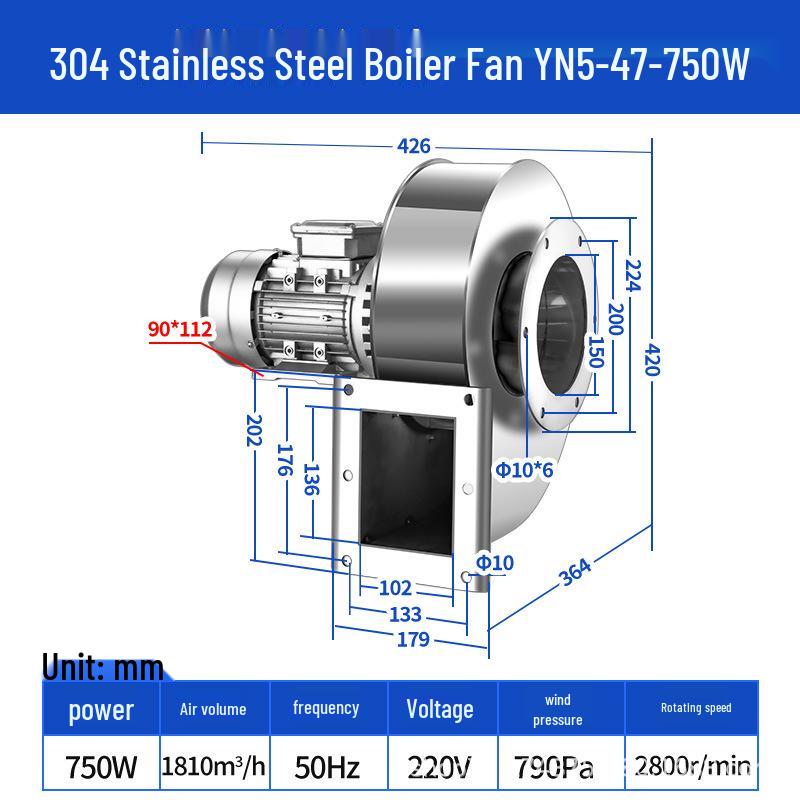 Stainless Steel YN5-47 High-Temp Induced Draft Boiler Fan, 220V/380V, Dust Removal & Exhaust Centrifugal Fan.