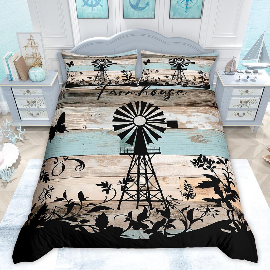 Comforter Homewish Rustic Farmhouse Retro Windmill Old Barn Door Bedding Set Vintage Lodge Cabin Comforter Set