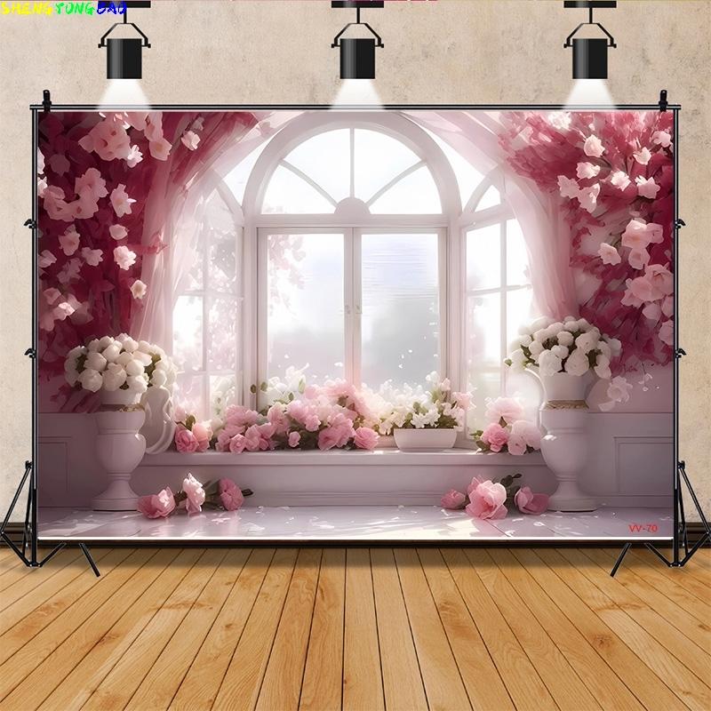 Vinyl Custom Valentine's Day Photography Backdrops Props Lover Rose Flower Wall Wedding European Winow Photo Background AL-09