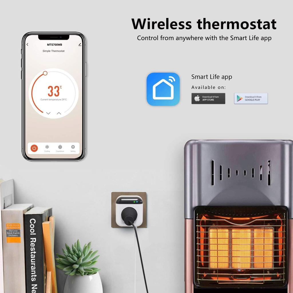 Programmable Smart WiFi Thermostat Plug Outlet, Wireless Electric Plug-in Temperature Controller with App Remote Control. Compatible with Alexa and