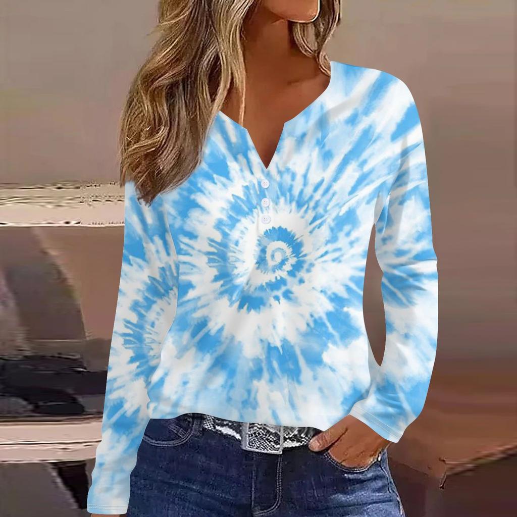 Женская модная повседневная футболка с v-образным вырезом и длинным рукавом с принтом, топ на пуговицах