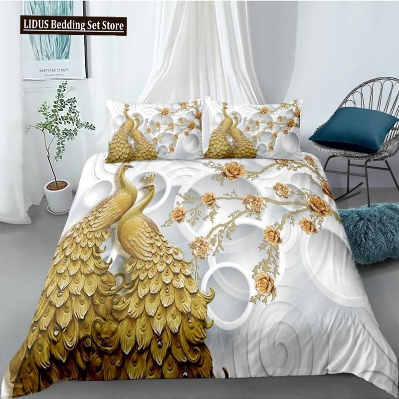 Two Peacock Duvet Cover Set Flowers Comforter Cover With Pillowcase King Queen Twin Size For Kids Boys Girls Women Bedding Set