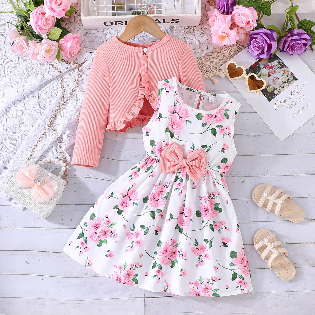 Children's 2-8Y Skirts Spring and Autumn Models Baby Colorful Halter Dress + Solid Color Jacket Fashion Baby Suit