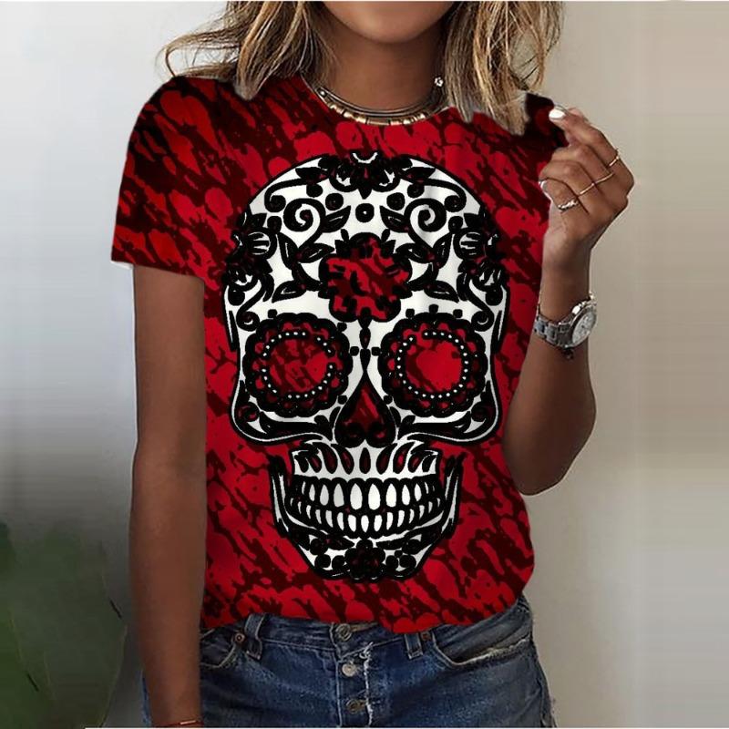 Summer Skull Print Women's Casual Commuting Elegant Short Sleeved Shirt T-Shirts Women’s