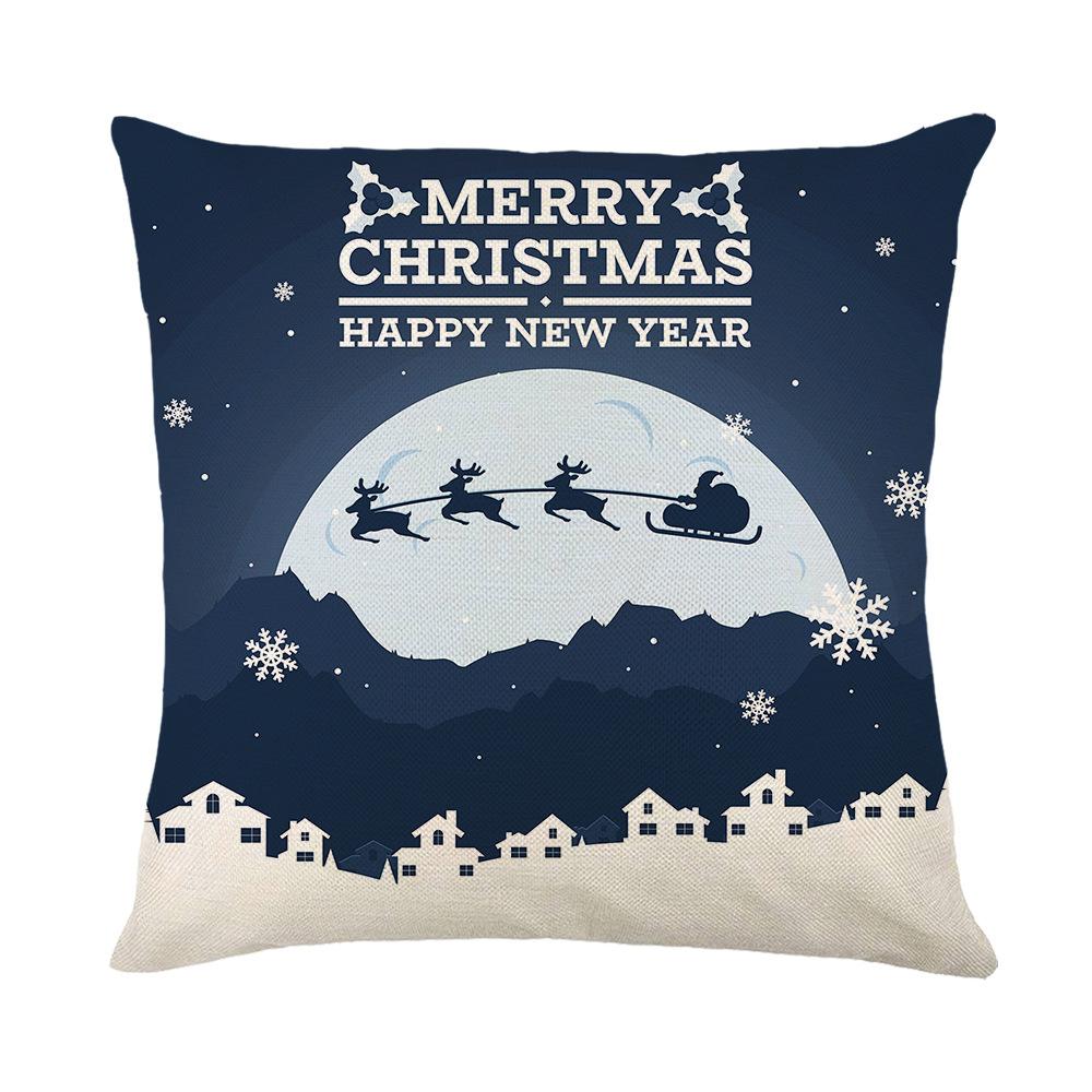Blue Christmas Ornament Cushion Cover Printed Bear Snowflake Elk Santa Claus Tree Merry Christmas Lettering Linen Pillowcase