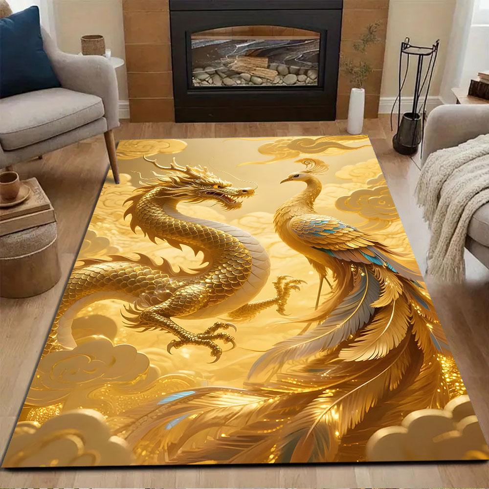 Golden Dragon and Phoenix in Clouds Patterned carpet, non slip mat suitable for living room and bedroom sofas