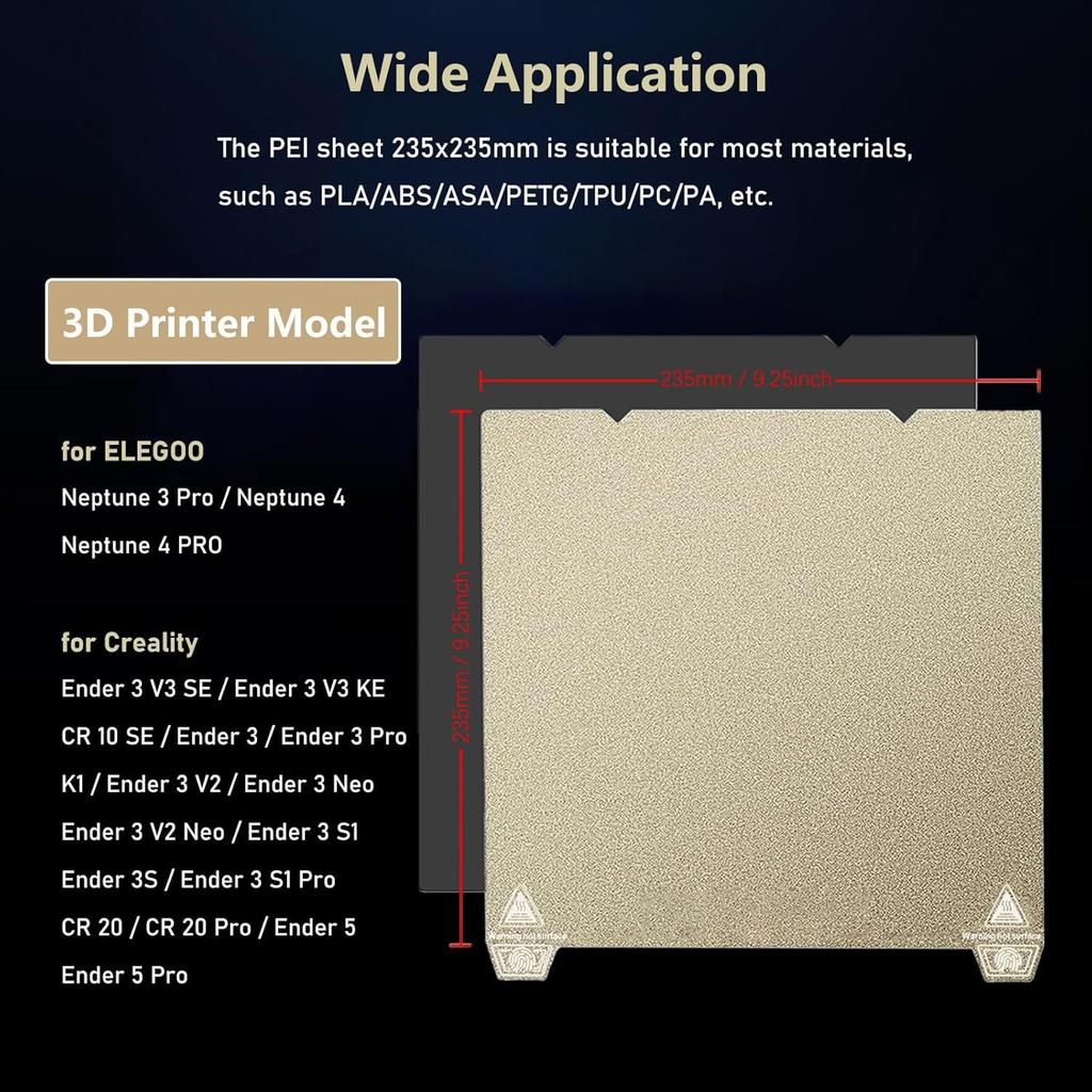 For Creality Ender 3 V3 KE/SE PEI Spring Steel 235x235mm, Texture PEI Sheet Heated Bed for K1C/K1/Ender 3/3 Pro/3 V2/V2 Neo/3 V3