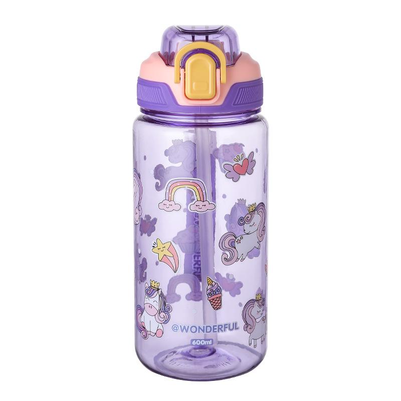 600ml Cartoon Water Bottle Equipped With Straw Portable Kids Water Sippy Cup Leakproof Plastic Water Bottles Summer Travel Kids Water  Practical Use