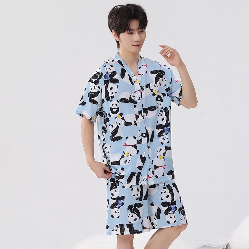 Унисекс летний хлопково-шелковый пижамный комплект: Короткий рукав и брюки для дома или улицы
