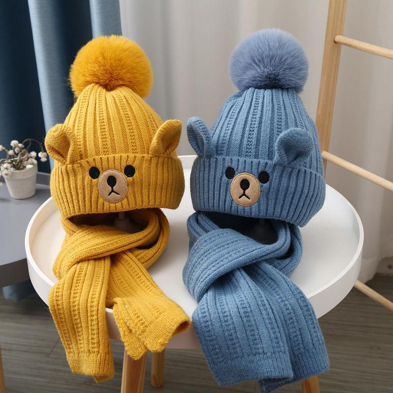 Autumn and Winter Children's Bear Knitted Plus Cotton Warm Wool Hat Scarf Two-piece Set
