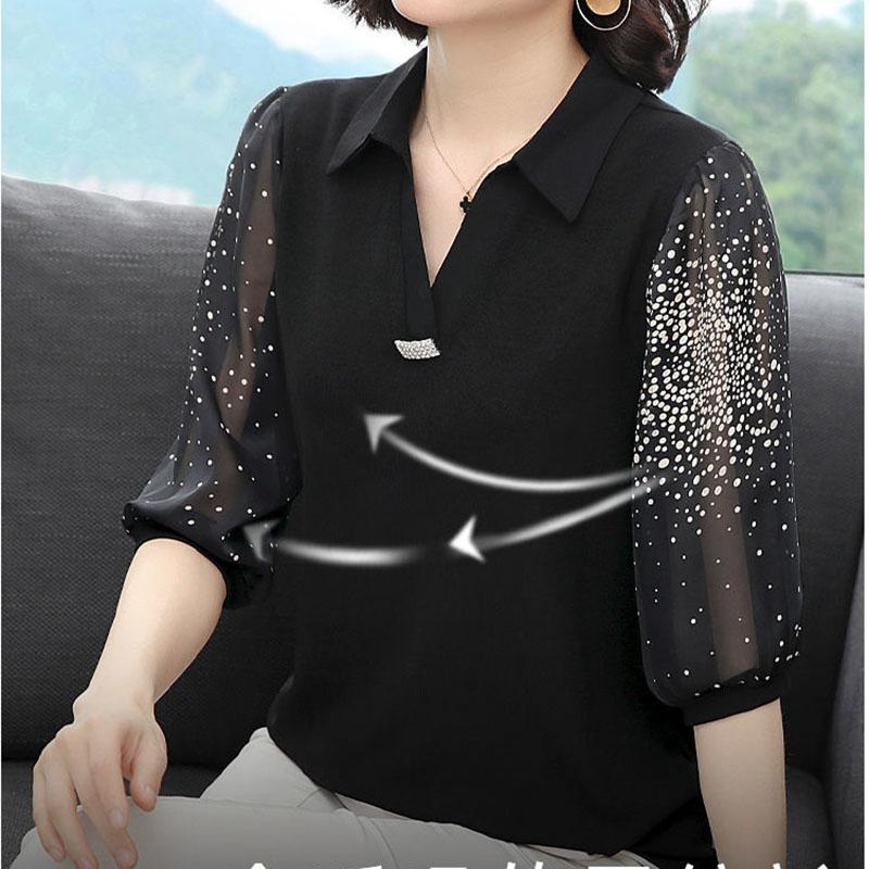 Летний женский шифоновый топ, кружевной топ в горошек, свободный большой размер с V-образным вырезом