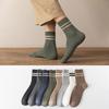 Men's Mid-calf Socks Spring and Autumn Two-bar Solid Color Cotton Socks Breathable Striped Men's Autumn and Winter Double-needle Long Calf Socks