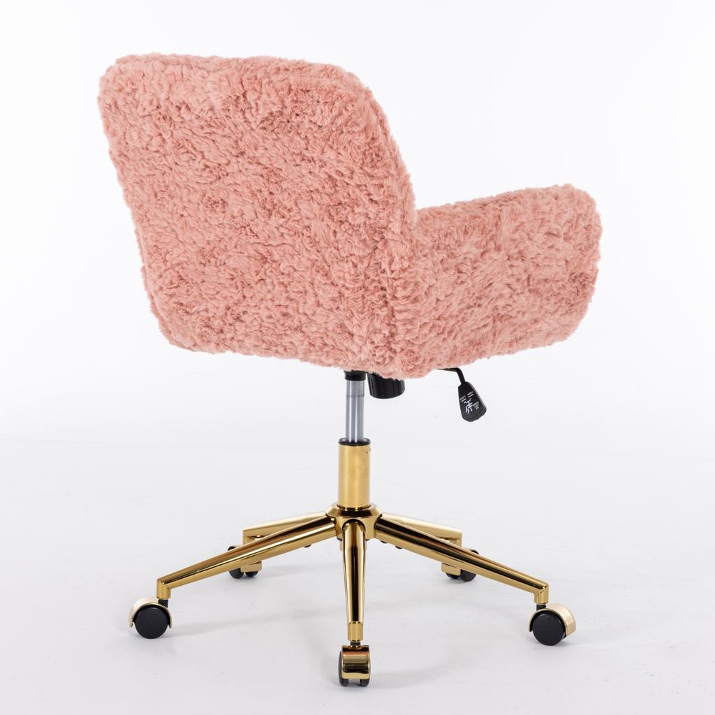 Fluffy Faux Rabbit Hair Vanity Chair, Pink Adjustable Height 360 degrees Swivel Home Office Chair with Armrest, Golden Metal Rolling Base,DE1831PK