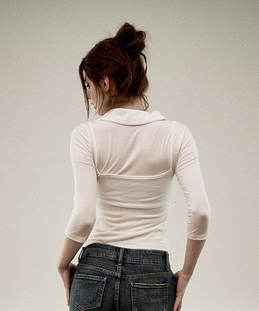 KITTY POTTERY Sheer Layered Bustier Collared Top [White]