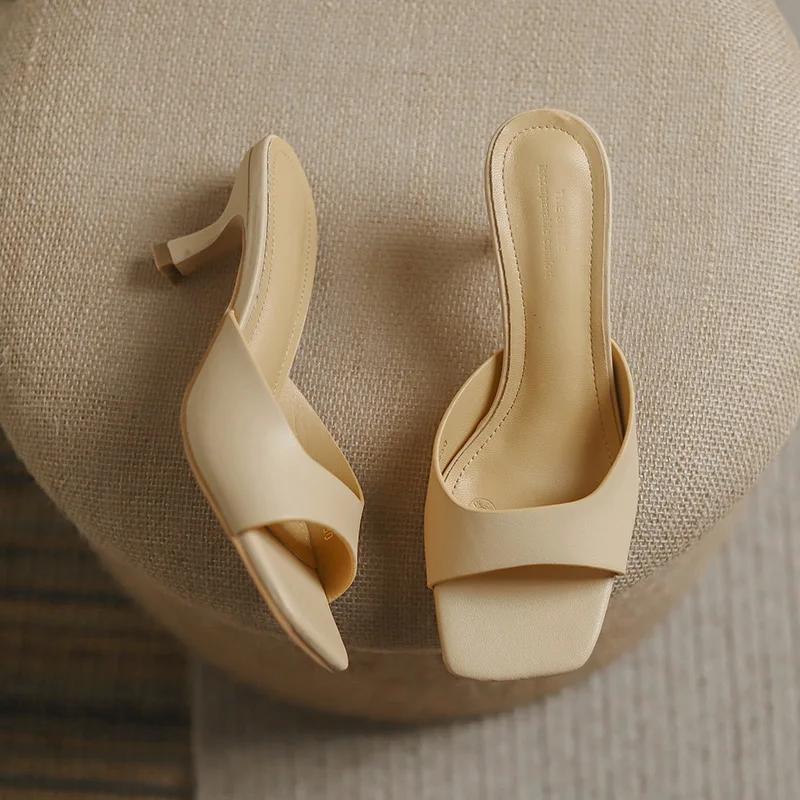 Fashion Bout carré talon haut été en cuir balle série sandales à talons aiguilles pantoufles pour femmes