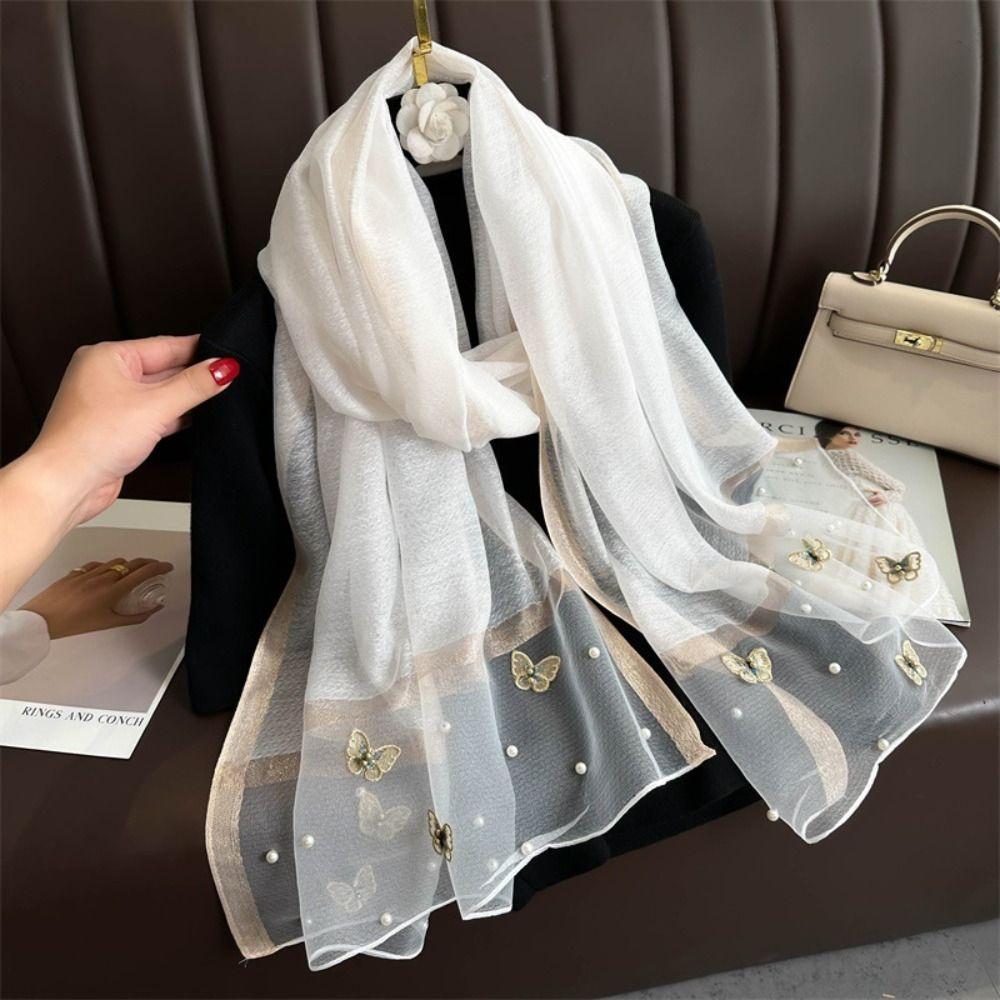 Thin Butterfly Embroidery Scarf Pearl Women Hijab Shawls Elegant Silk Scarf Lady