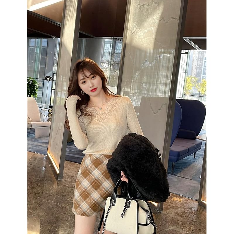 [Belle Iza Bella] long sleeve inner rib knit ruffle neck lace sleeves slim Soft touch Heat retention ladies shirt blouse Elegant Nitto It's okay