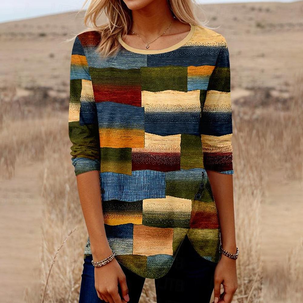 Классические футболки с принтом в виде сетки с длинными рукавами, осенняя хлопковая женская одежда, свободные женские футболки, топы, повседневные уличные футболки с круглым вырезом