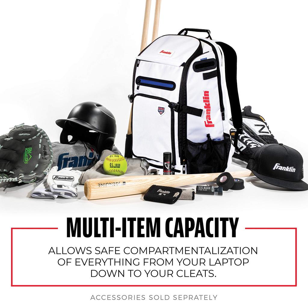 Franklin Sports Fastpitch Softball Bat Bag USA Traveler Elite Bat Backpack Equipment Bat Pack Fits Cleats Bats White - - Girls' & Women's - Helmet, +