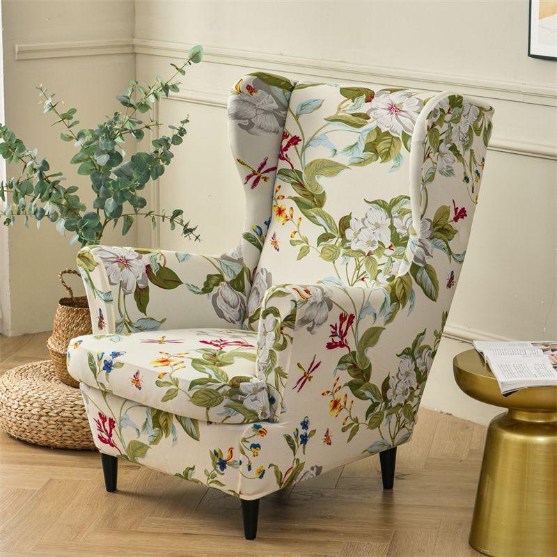 Flowers Printed Wing Chair Cover Stretch Spandex Armchair Covers Nordic Removable Relax Sofa Slipcovers with Seat Cushion Covers