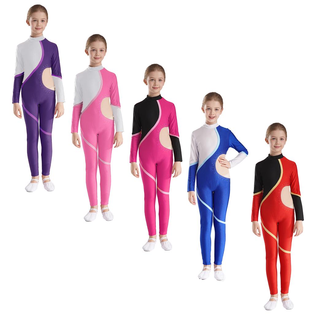 Детский комбинезон для фигурного катания для девочек, блестящий комбинезон со стразами, боди с длинными рукавами, гимнастический танцевальный костюм