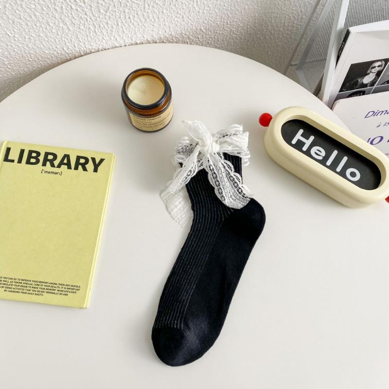 Весенне-летние полые, легкие и дышащие носки для женщин, носки до середины икры, милая кружевная отделка, бантик, короткие носки, тонкий стиль