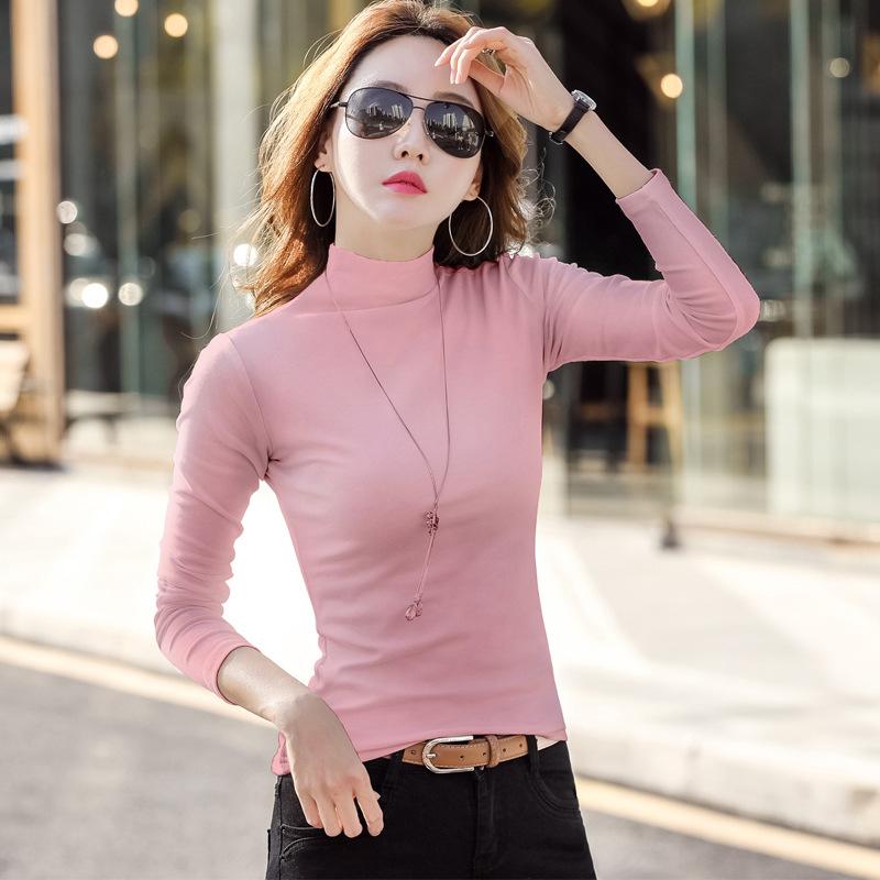 Осенне-зимняя женская футболка с длинными рукавами и полуводолазкой в стиле знаменитостей из Интернета, теплая базовая рубашка в корейском стиле, облегающая, эластичная