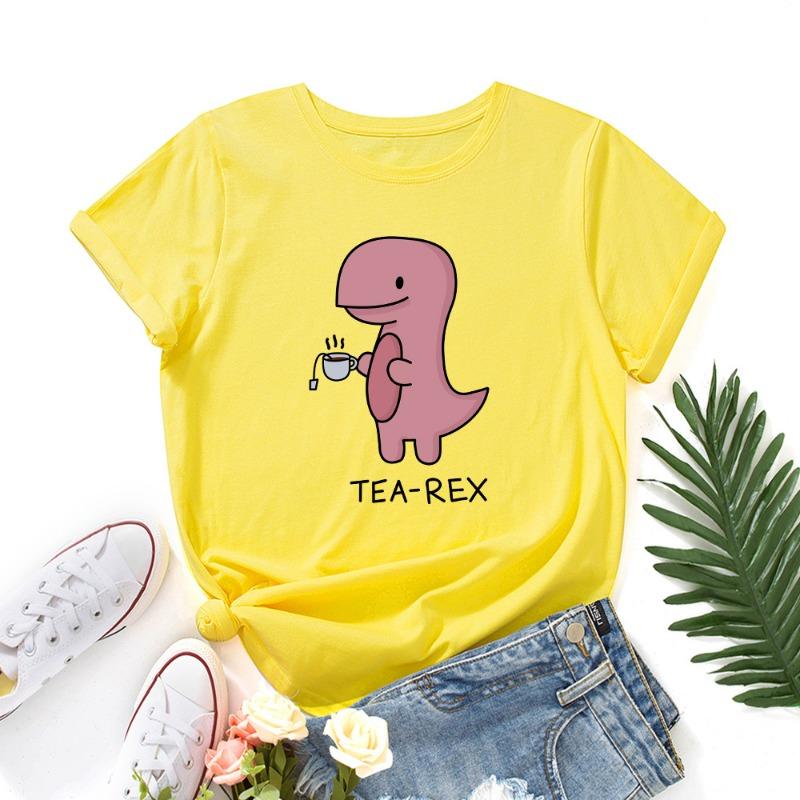 Summer Women's Pink Printed Dinosaur Pure Cotton Loose Round Neck Short Sleeved T-Shirts Women’s