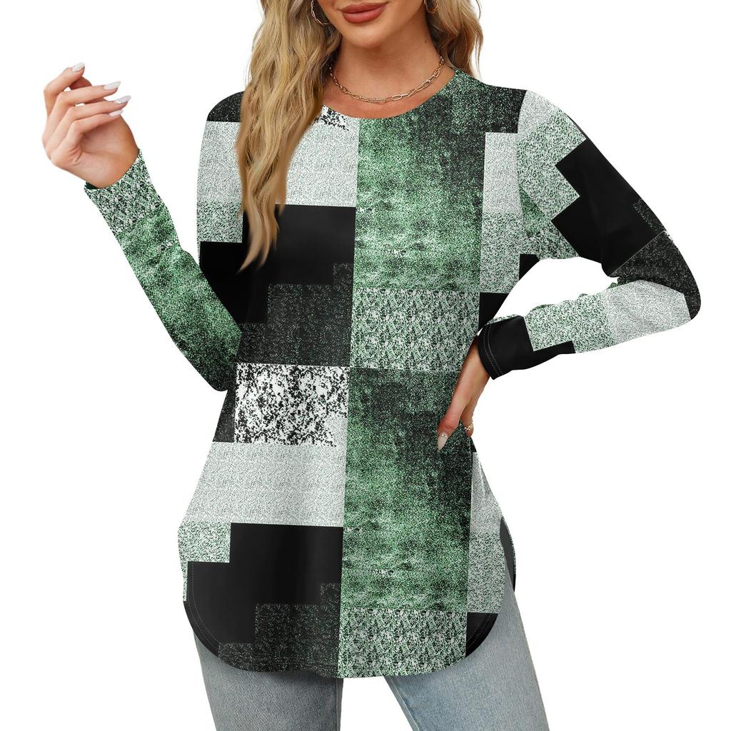 Женские рубашки с длинным рукавом и круглым вырезом, базовые свободные туники с боковым разрезом, повседневные рубашки с цветочным принтом