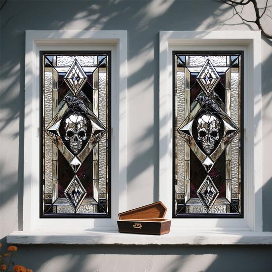 Хэллоуин Наклейка на окно Водонепроницаемый ПВХ Череп Паук Тыква Ведьма Мрачный Жнец Статическая наклейка на стекло Украшение для дома, офиса, вечеринки Декаль