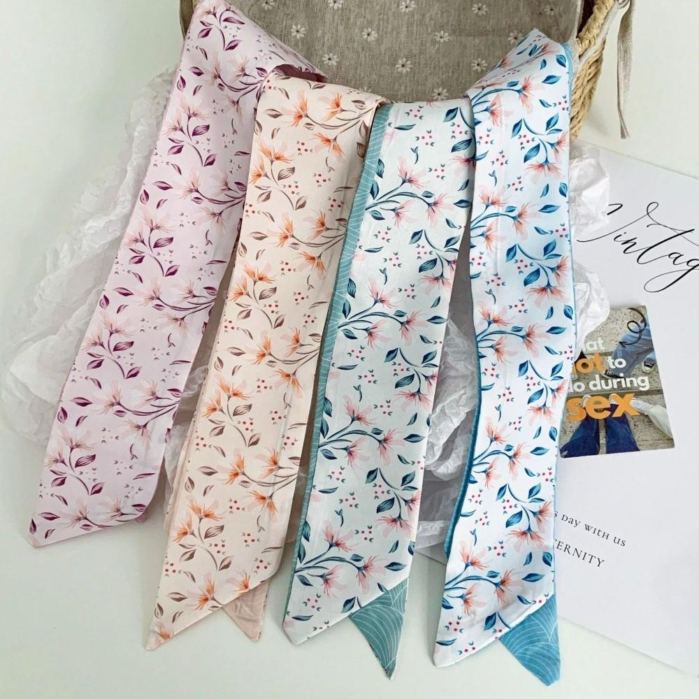 Spring Summer Floral Print Thin Ribbon Scarf Multi-use Headband Small Silk Scarf Skinny Silk Scarf Women Hair Accessory