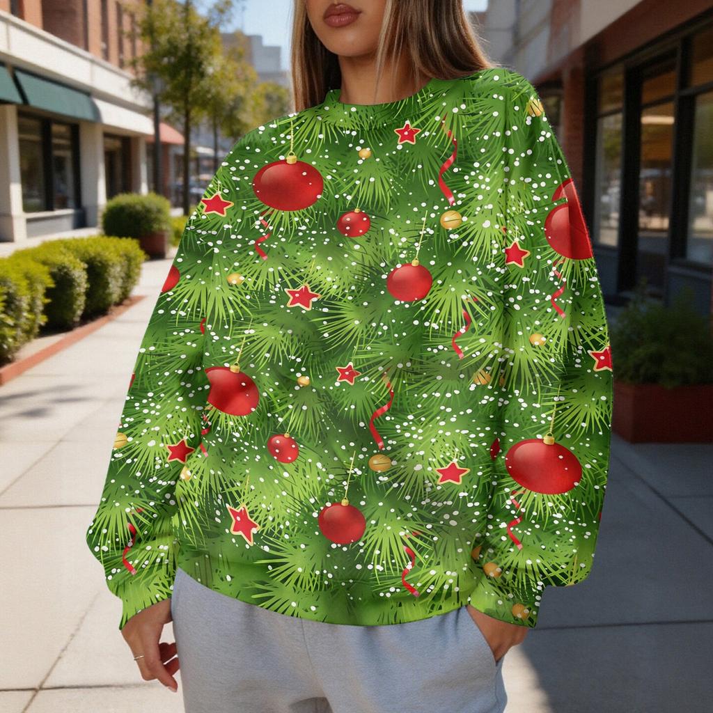 Women's Trendy Christmas Print Crewneck Sweatshirt Lightweight Casual Pullover Top