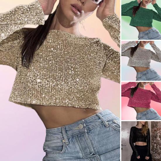 Women Crop Top Shiny Sequin O Neck Long Sleeves Waist-exposed Soft Pullover Stage Show Performance Club Party Lady Top
