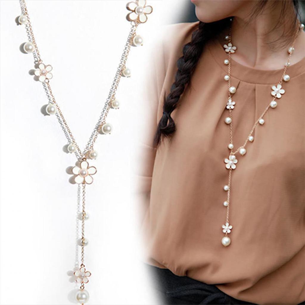 Women's Fashion Korean Style Faux Pearl Flowers Long Necklace Sweater Chain AVE