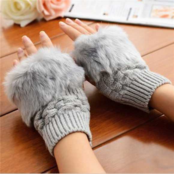 Fashion Clothes Ladies Winter Fur Woolen Knitted Warmer Fingerless Gloves Warmer Rabbit Fur Gloves Plush Half Finger Gloves Knitted Winter Warm Gloves