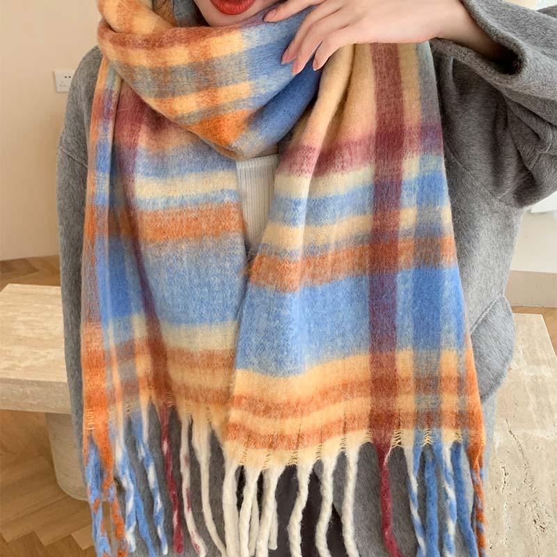 Winter New Scarf Women's Winter Thickened Warm Scarf Colored Plaid Fringed Scarf Shawl Fashionable Outer Cover