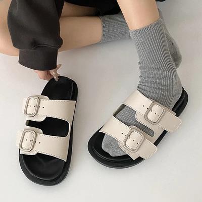 Толстая подошва модные уличные сандалии тапочки для отдыха ремень пряжка женские летние туфли ретро римские однотонные повседневные плоские шлепанцы