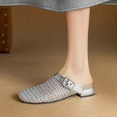 Модные женские новые туфли-мюли из натуральной коровьей кожи с круглым носком, плетеные, полые, дышащие, на низком каблуке, больших размеров, с закрытым носком