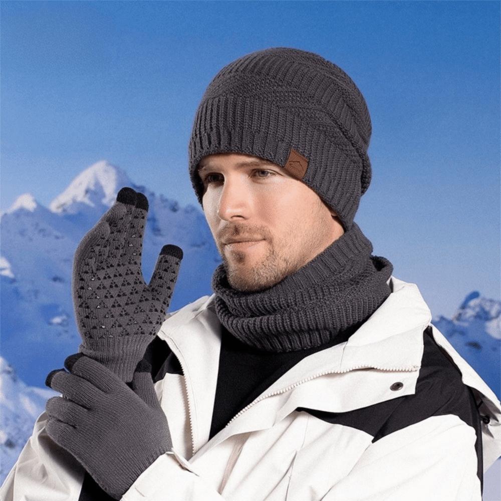 3pcs Wool Hat Scarf Gloves Set Warm Winter Beanie Hat Simple Thermal Knit Cap Skiing