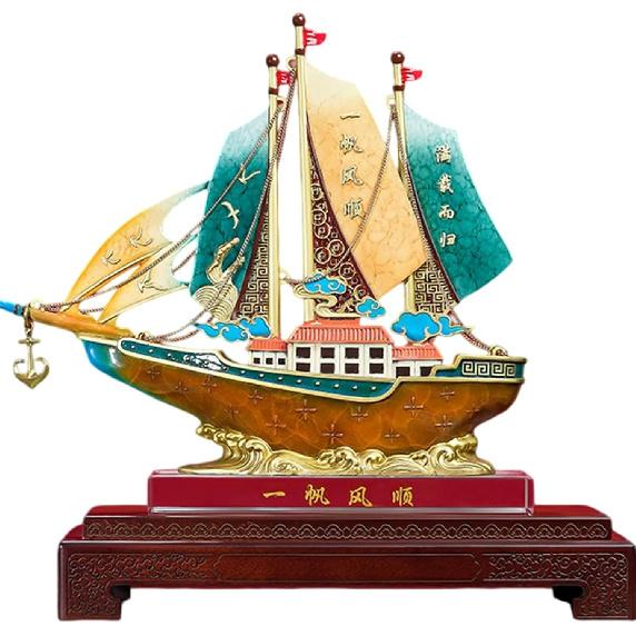 Aris & Juno Hand-Painted Copper Sailboat Statue with Crystal Glass and Wood Base, Traditional Chinese Smooth Sailing Symbol Sculpture for Office Desk