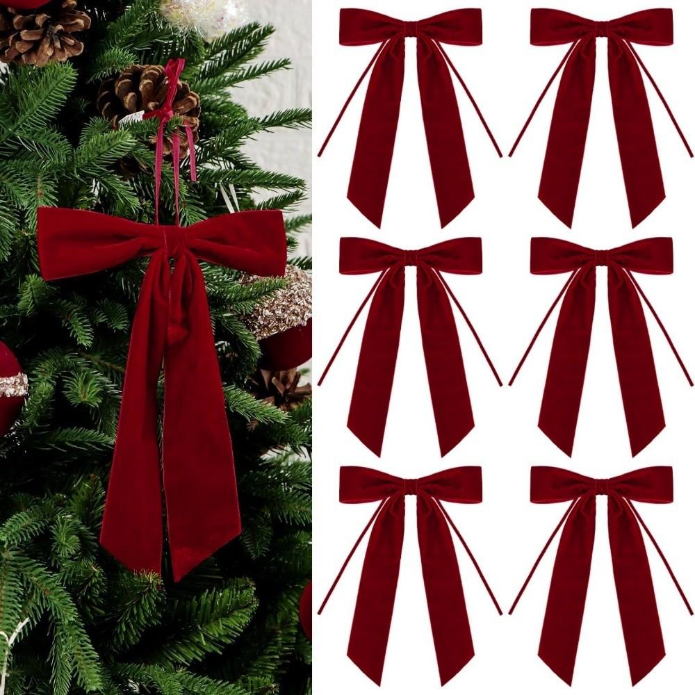 6pcs Glitter Gold Edge Christmas Tree Bow Wreath Velvet Ribbon Bow Ornament For Christmas Tree