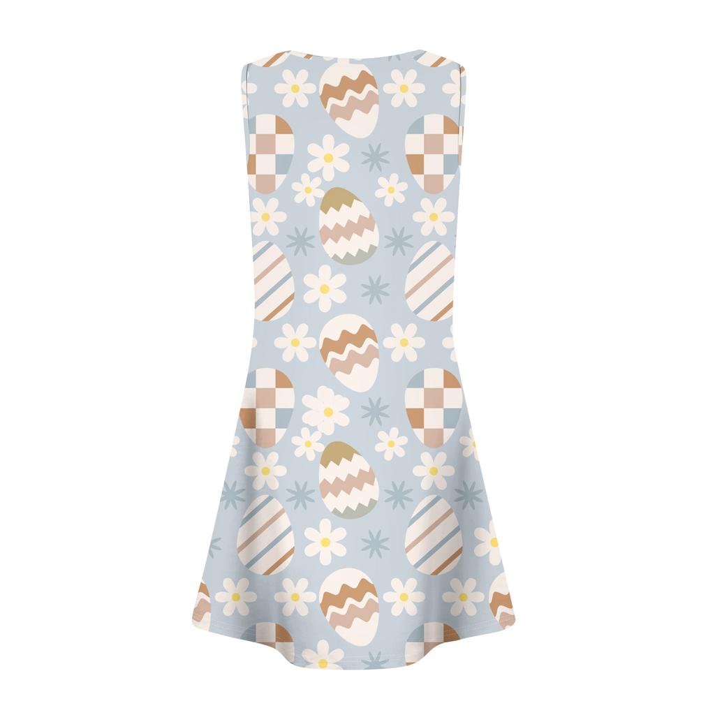 Womens Summer Dresses Easter Print  Loose U Neck Sleeveless Sundresses Dress With Pockets