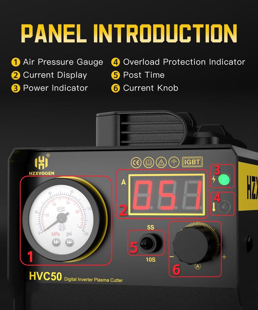 HZXVOGEN IGBT Plasma Cutter Inverter HVC50 220V 50Amp Plasma Cutting Machine Portable High Frequency Contact Arcing Cutter Max Cut 15mm