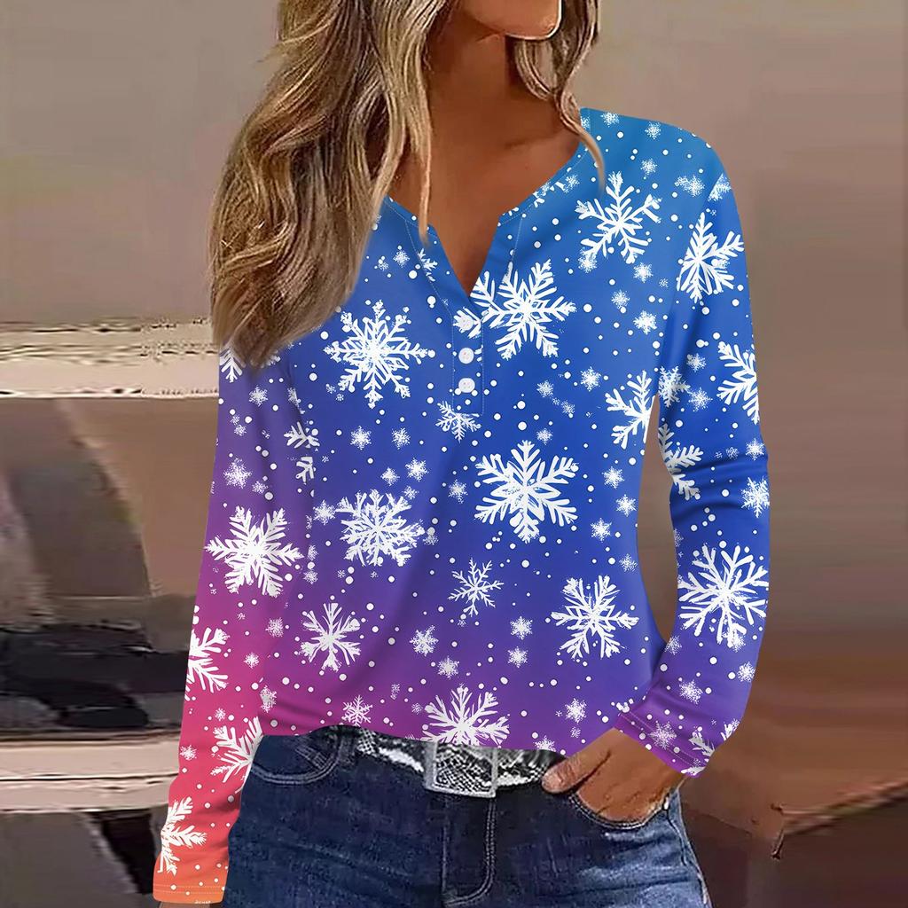 Women's T Shirt Tee Christmas Print Button Long Sleeve Daily Weekend Fashion Basic V- Neck Regular Top