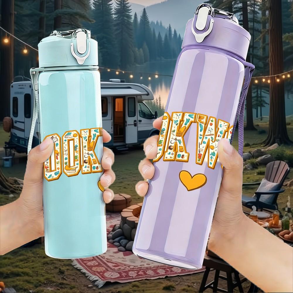 1PC Book Worm Retro Vintage Letter Print 750ml Color Plastic Sports Water Bottle Leakproof Flip Straw Lid Suitable for Sports Office Home Use