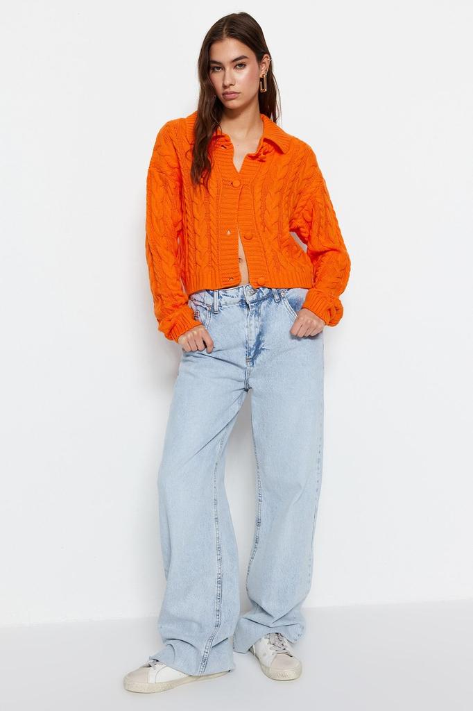 Женский модный новый кардиган оранжевый укороченный трикотажный кардиган