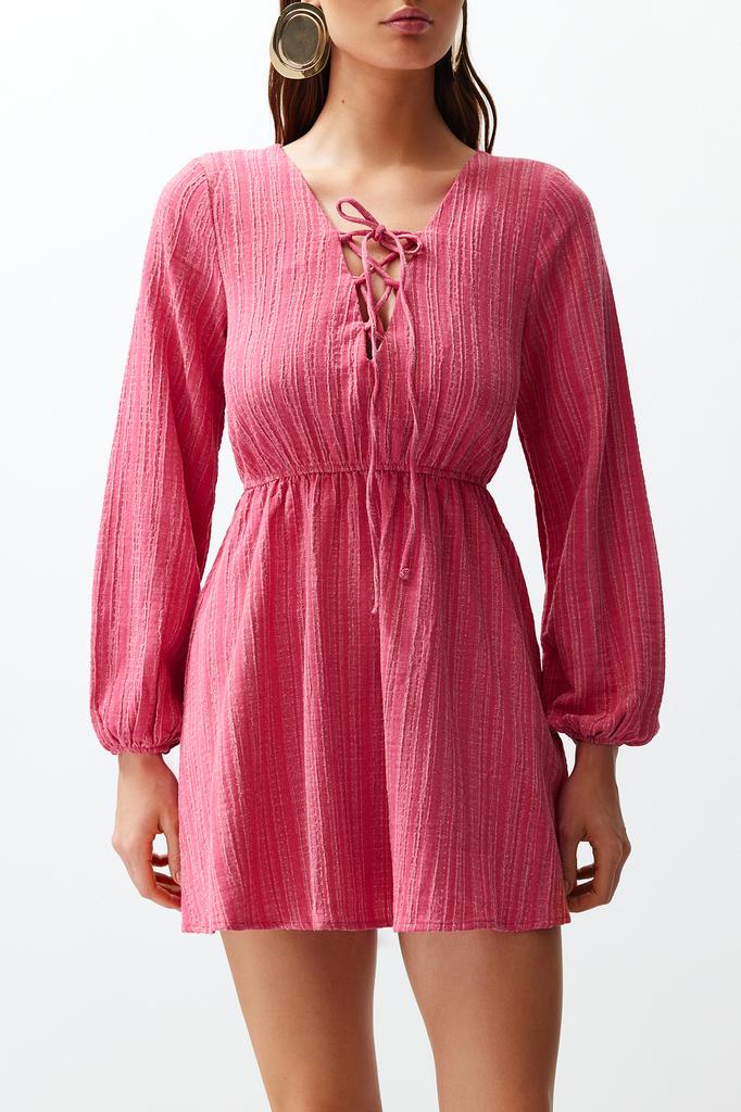 Women's Fashion New Dress Black Mini Woven Tie-Up Linen Blend Beach Dress