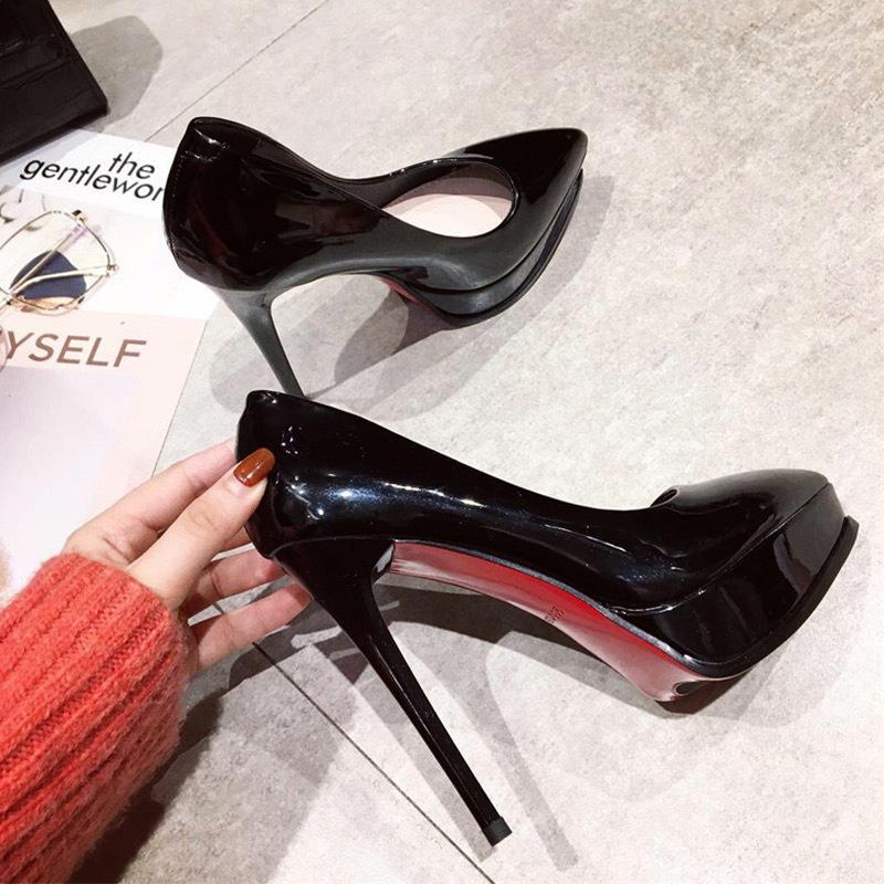 2025 Spring New Patent Leather Nude Ten Cm High Heels Women's Waterproof Table Fine Heel 12 Cm Pointed Women's Single Shoes