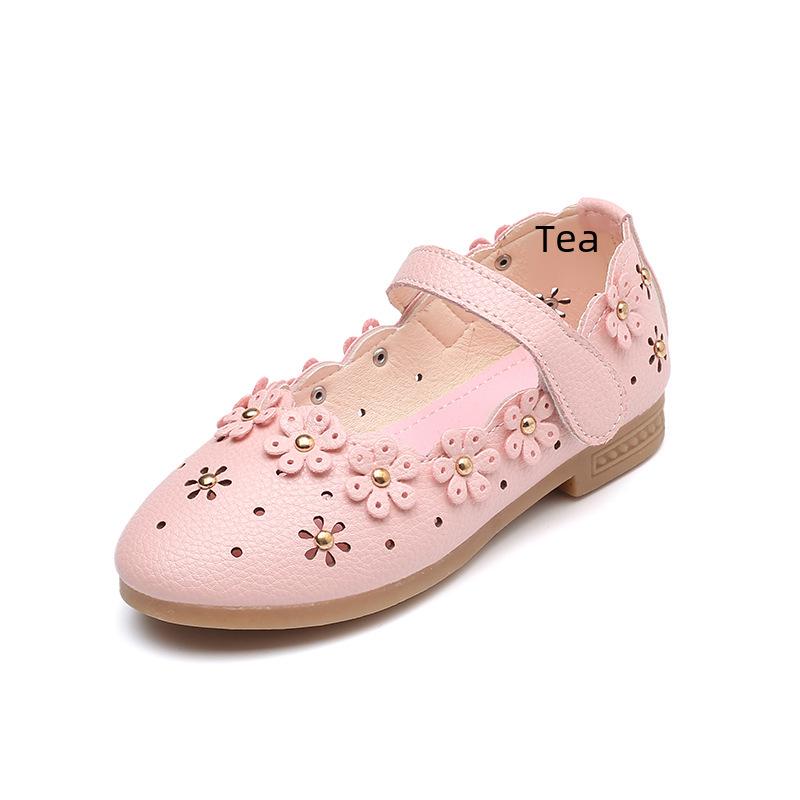 Girls' Leather Princess Shoes - 2023 Spring & Autumn Hollow Flower Design with Soft Soles