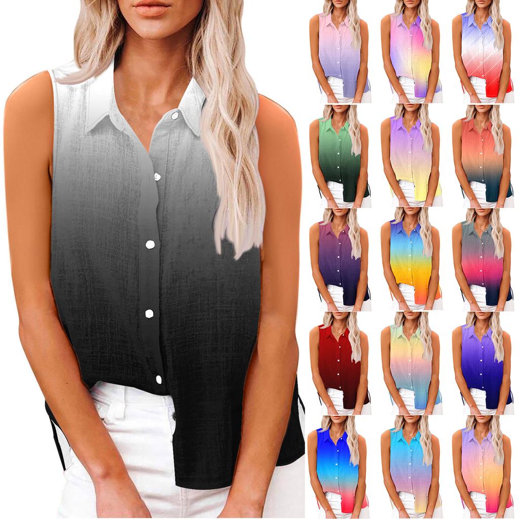 Women's Fashion Casual Printed Sleeveless Cardigan Button Down Shirt T-Shirt Top